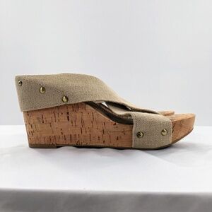 Lucky Brand Wedge Sandals Tan Linen Strappy Cork Platform Miller 2 Size 9